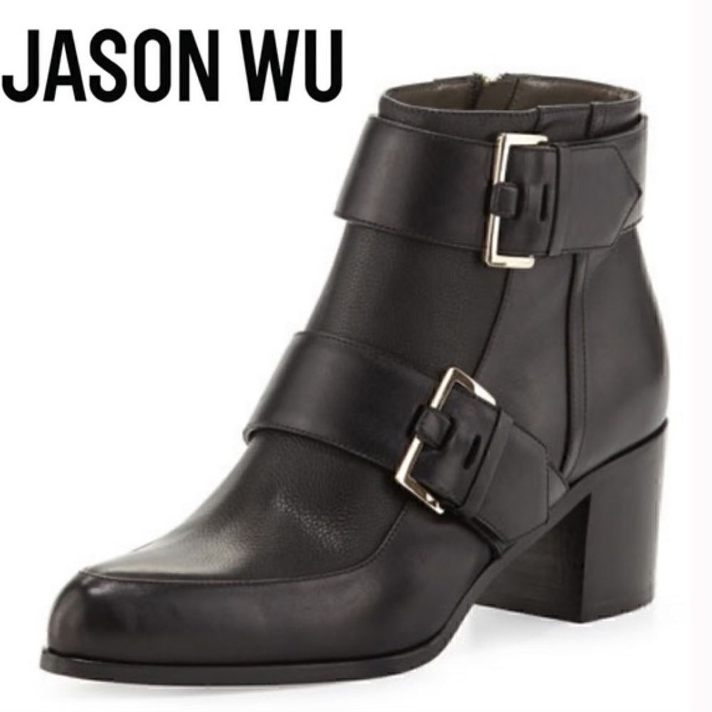 Jason Wu Double Buckle Pointed Toe Leather Booties